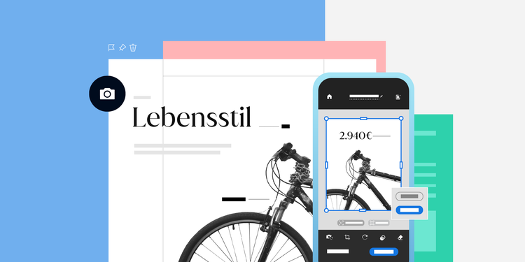 Smartphone neben einem PDF-Dokument mit dem Titel „Lebensstil" und einem Fahrrad im Hintergrund – Illustration zum Scannen und Digitalisieren von Dokumenten.
