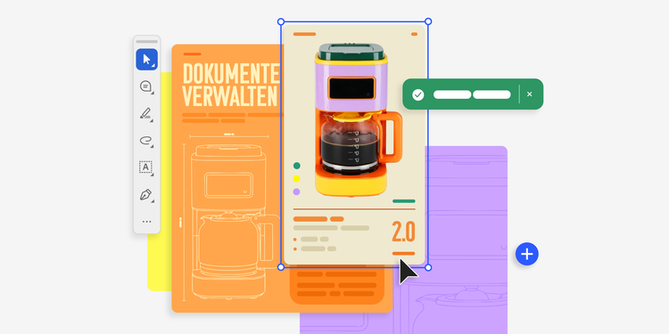 Digitale Dokumentenverwaltungsoberfläche mit einem Kaffeeautomaten-Bild und farbigen Ordnern – Illustration zur strukturierten Organisation und Verwaltung von Dokumenten.