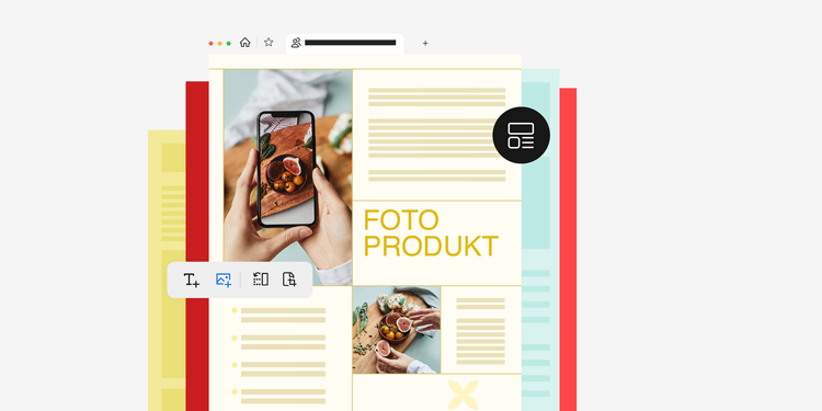 Magazin-Layout mit einem Hund und dem Text „Foto Produkt" neben einer PDF-Bearbeitungsoberfläche – Illustration zur direkten PDF-Bearbeitung auf dem Mac mit Adobe Acrobat.
