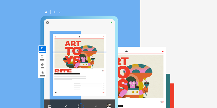 iPad mit einem bunten Kunstposter und der Aufschrift „Art to Go" – Illustration zum Scannen von Dokumenten unterwegs und zur sofortigen PDF-Erstellung für Studium oder Arbeit.