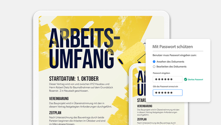Dateiexport Passwortschutz mit Acrobat: Bild zeigt Tablet und Smartphone mit PDF-Datei, die für den Dateiexport mit einem Passwort geschützt wird.