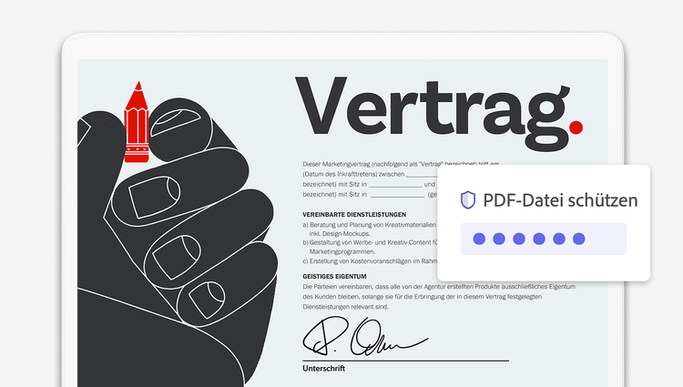 PDF schützen mit Acrobat: Bild zeigt Laptop mit PDF-Datei, die mit einem Passwort geschützt wird.