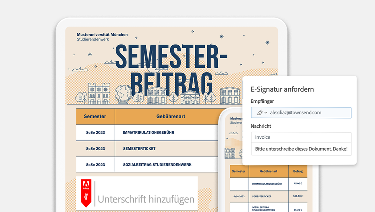 PDF unterschreiben mit Acrobat: Bild zeigt Tablet und Smartphone mit PDF-Datei, die unterzeichnet wird.