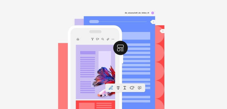 Screenshot einer geöffneten PDF-Datei auf einem iPhone, dargestellt auf einem farbigen Hintergrund. Verschiedene Bearbeitungswerkzeuge und Lesesymbole sind sichtbar, darunter Optionen zum Anpassen des Layouts und der Textansicht. Das Bild veranschaulicht die Funktionen zum Öffnen und Lesen von PDFs auf dem iPhone mit Adobe Acrobat.