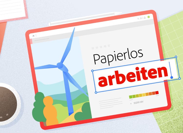 Illustration eines Tablets, auf dem ein PDF gezeigt wird mit der Aufschrift “Papierlos arbeiten”