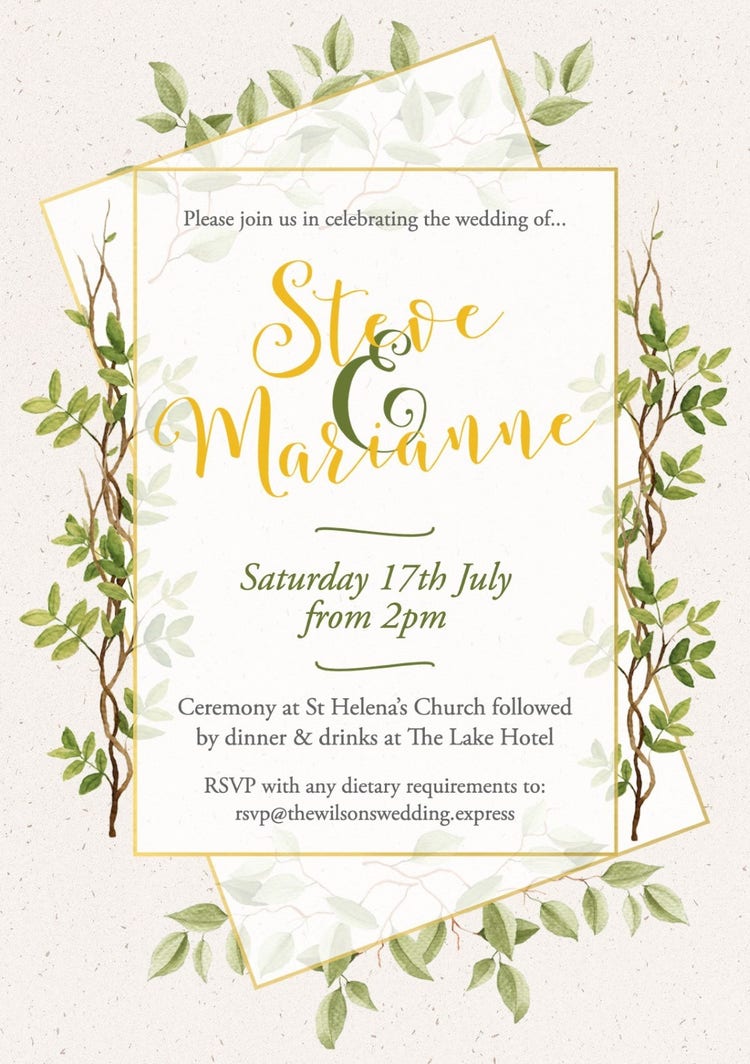 Cream Green & Yellow Botanical Watercolour Steve & Marianne Wedding Invitation