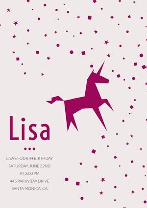Red Illustrated Birthday Party Invitation Card with Unicorn and Stars Unicorn Birthday Card
