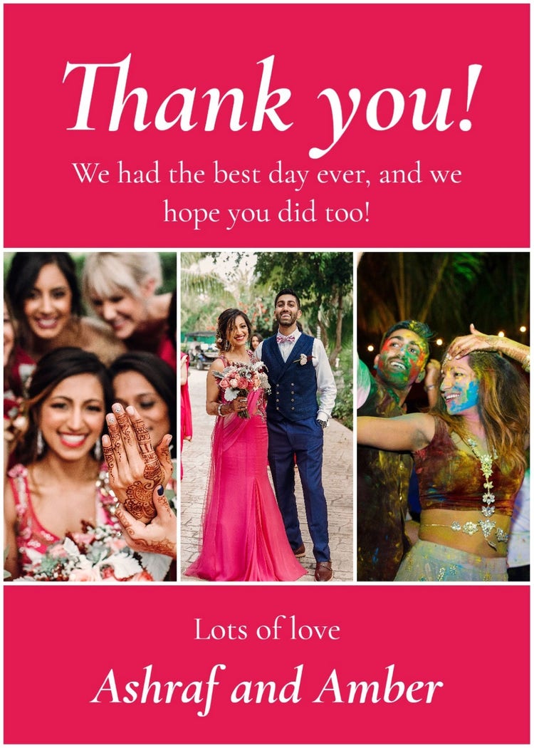 Pink and White thank you wedding Card