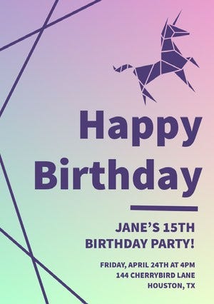 Gradient Birthday Party Invitation Card with Unicorn Unicorn Birthday Card