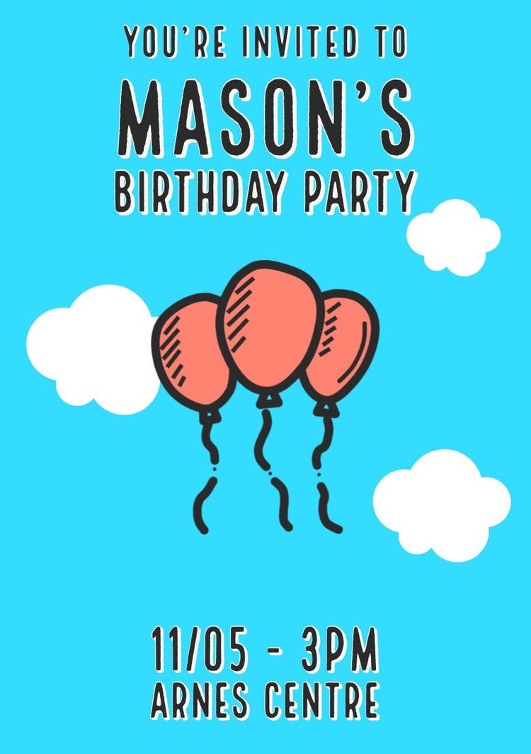 Blue and Orange Balloons Birthday Party Invitation Card