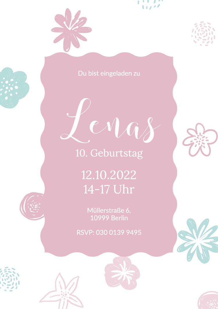 Pink and Blue Floral Illustrations Children’s Birthday Party Invitation