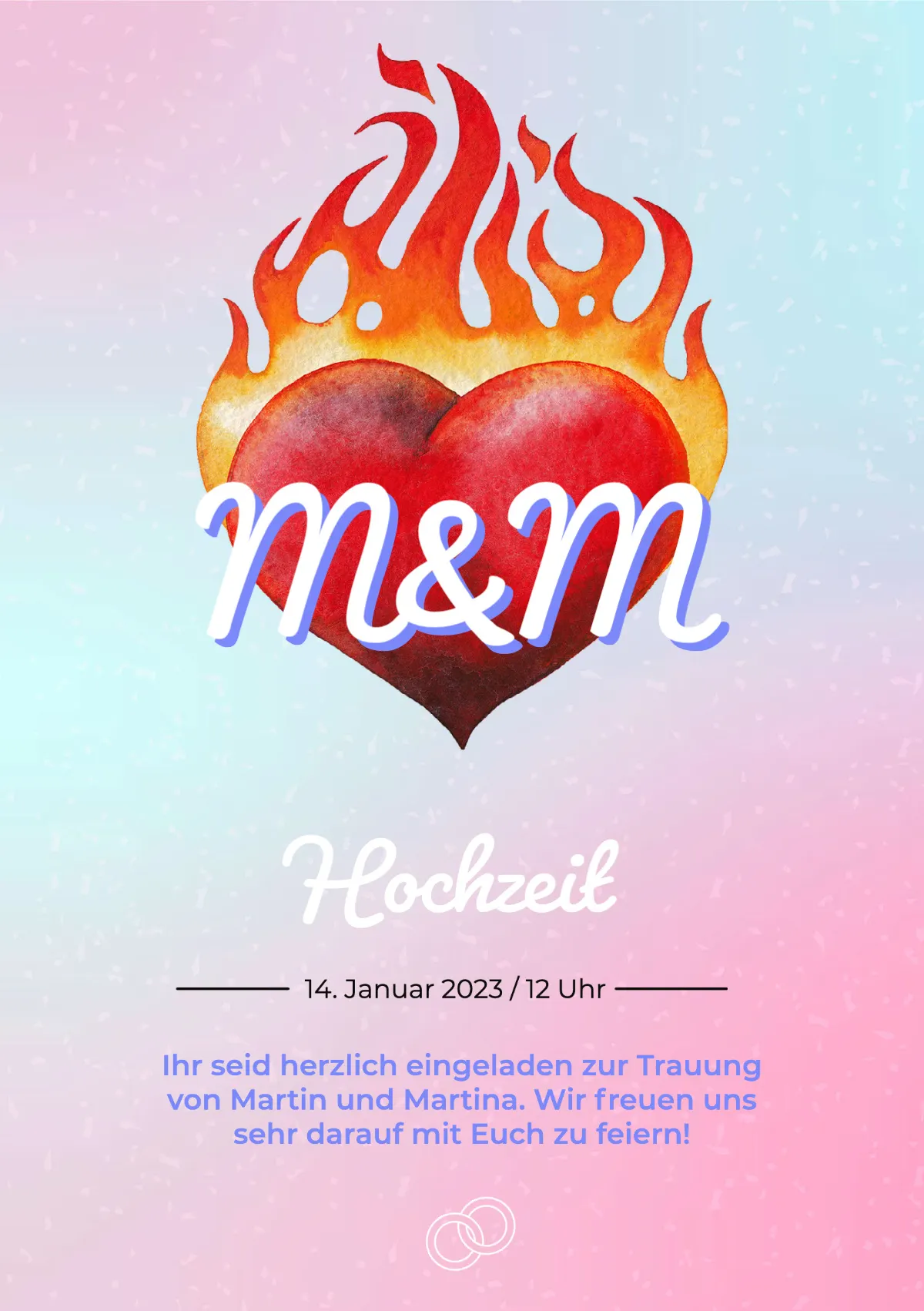 Pink and Blue Gradient Flaming Heart Wedding Invitation