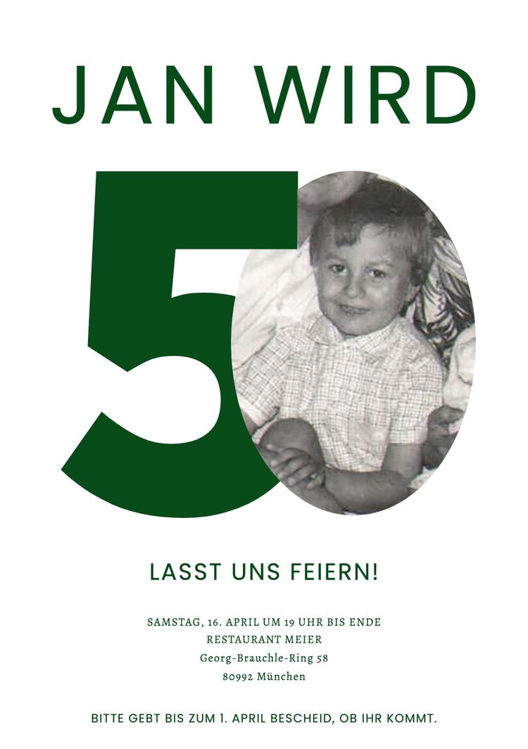 White and Green Kid Photo 50th Birthday Invite