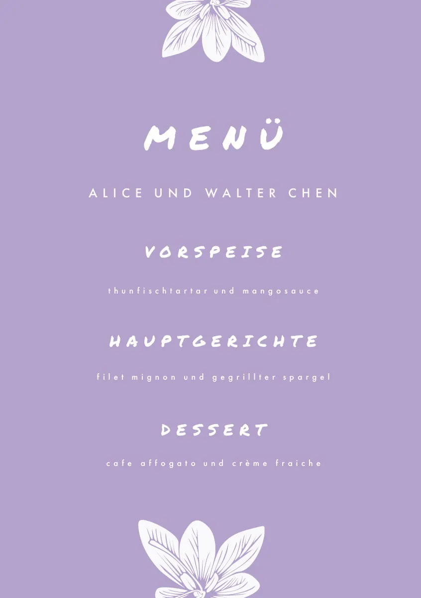 light purple wedding menu 