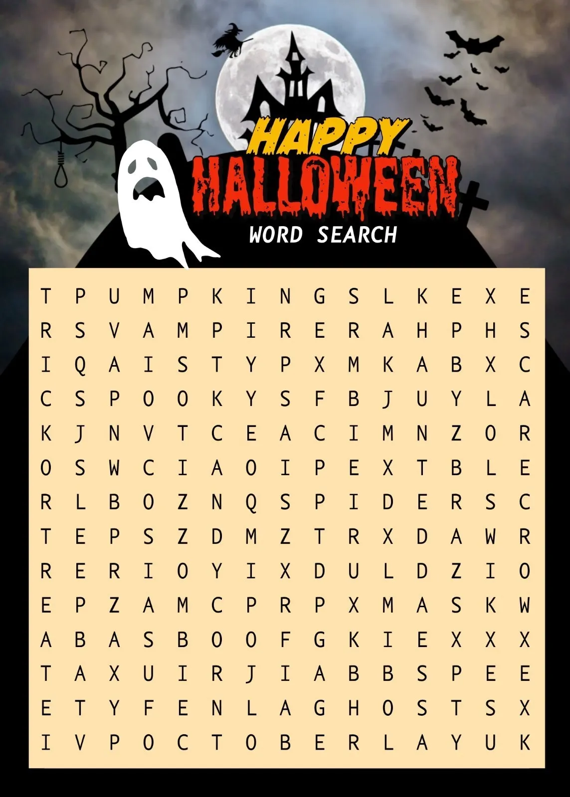 Spooky Illustrated Halloween Word Search Game Card