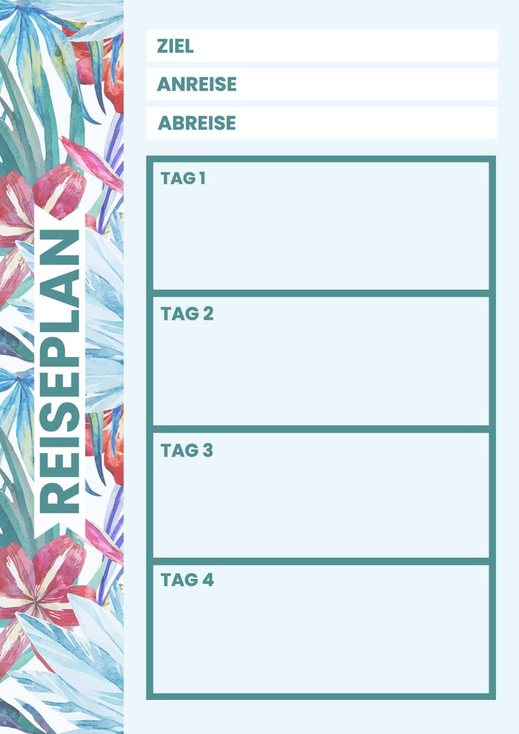 Turquoise Floral Travel Itinerary
