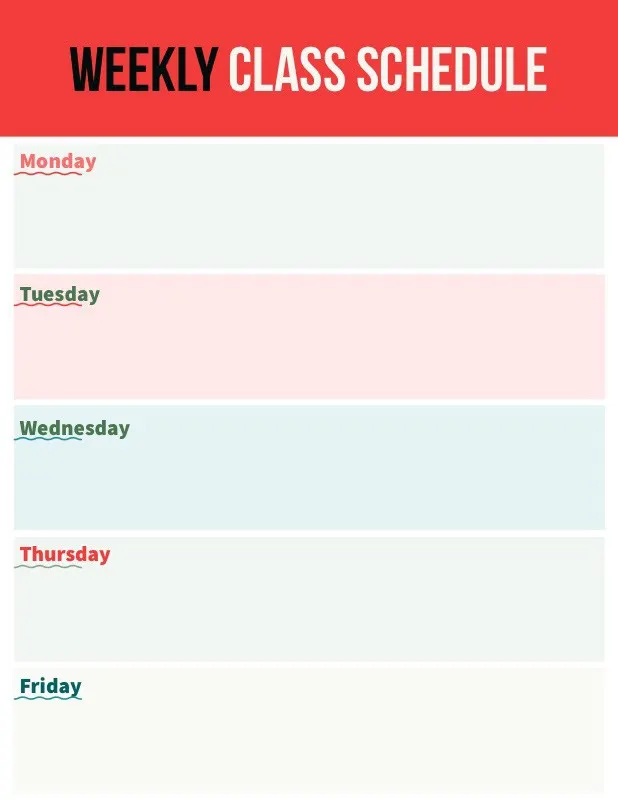 Red Weekly Class Schedule School Lesson Plan