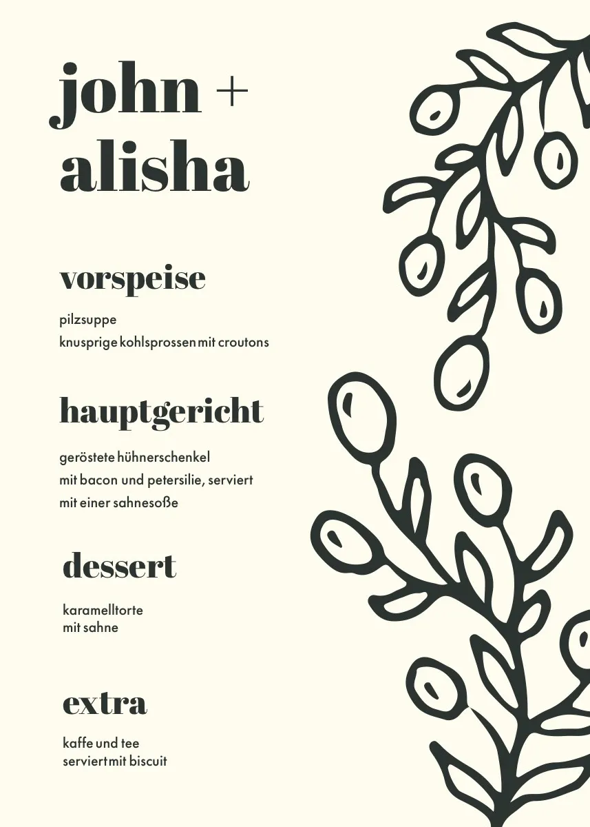 side leaf wedding menu 