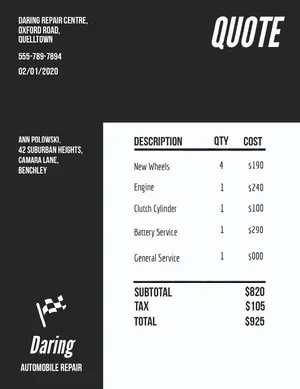 Black and White Modern Auto Repair Shop Business Invoice Quotation