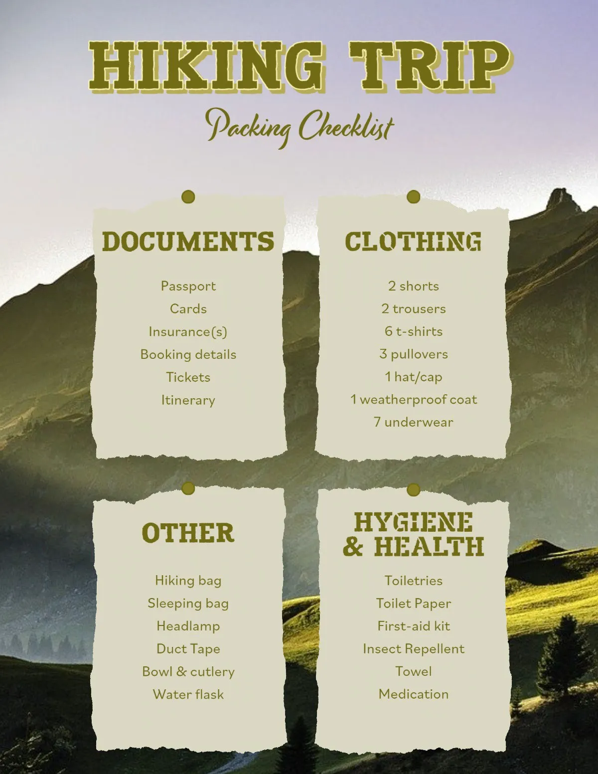 Green Yellow Hiking Trip Packing Checklist 