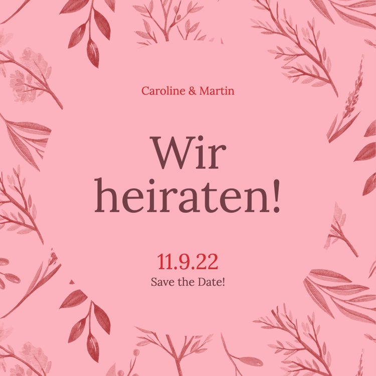 Pink Red Wedding Illustration Flowers Save the Date Instagram Square Post