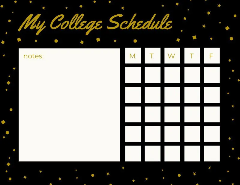 Black and Gold Weekly College Schedule with Stars
