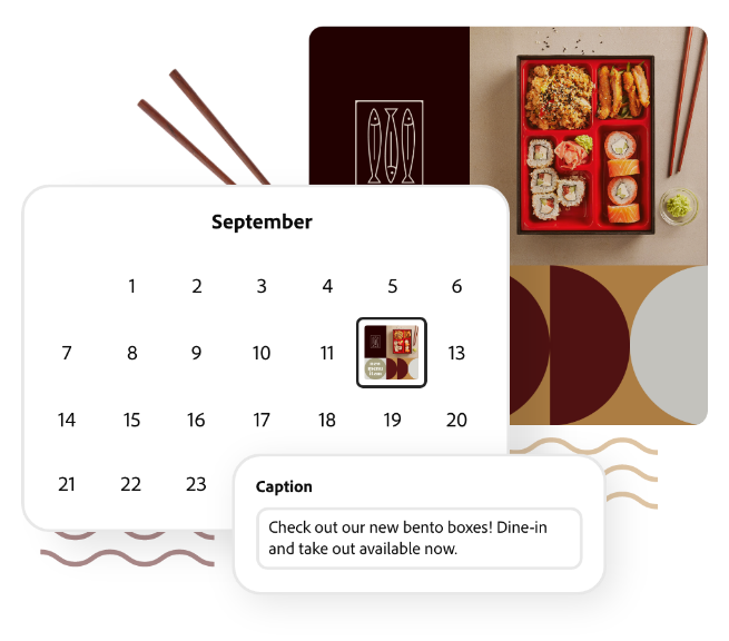 Calendar showcasing the post scheduled for September 12th, the copy and the design in the back made with Adobe Express.