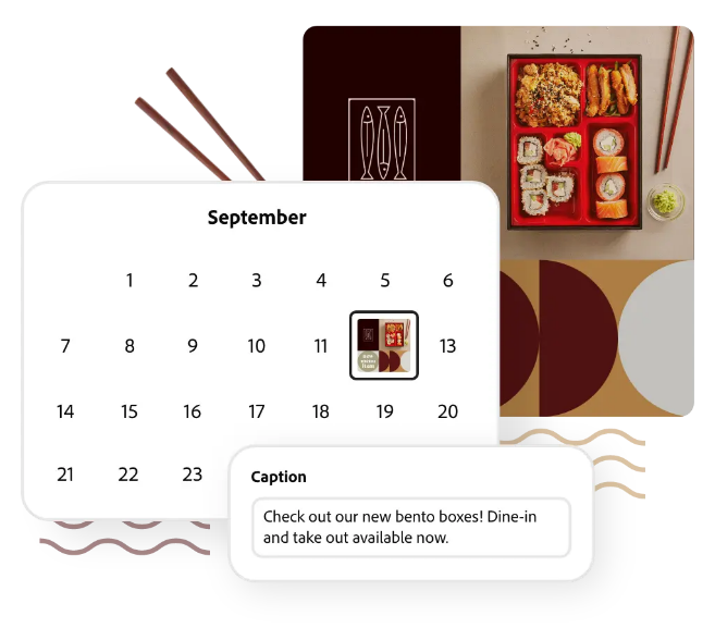 Calendar showcasing the post scheduled for September 12th, the copy and the design in the back made with Adobe Express.