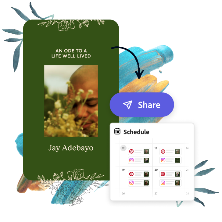 Post with a green background and a picture centered with design assets in the back. Ready to share with the Adobe Express content scheduler.