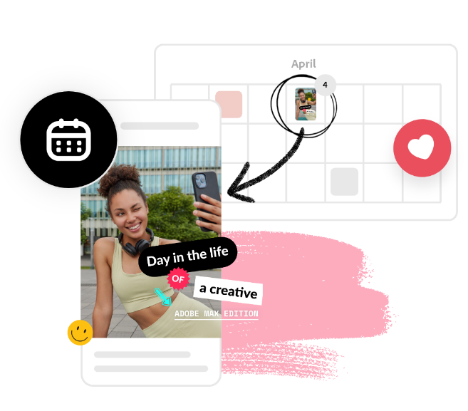 A calendar in the background with a black arrow pointing to a post scheduled using the Adobe Express tool.
