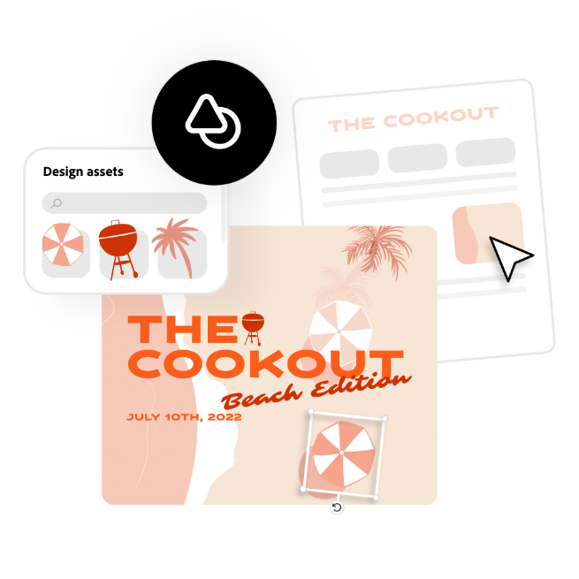 A Twitter post featuring Adobe design elements such as palm trees, a sun umbrella, and text in various fonts.