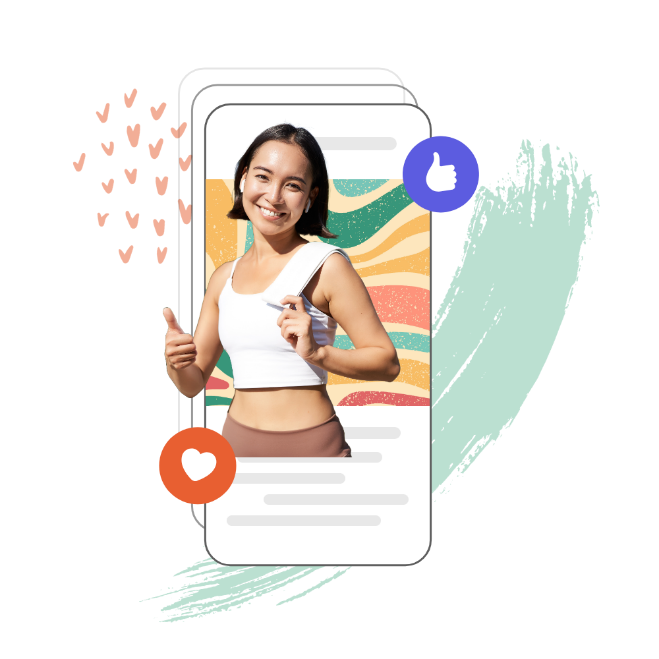 A mobile mock-up surrounded by social media icons, showcasing a photo collage of a person wearing a white shirt and giving a thumbs-up gesture.