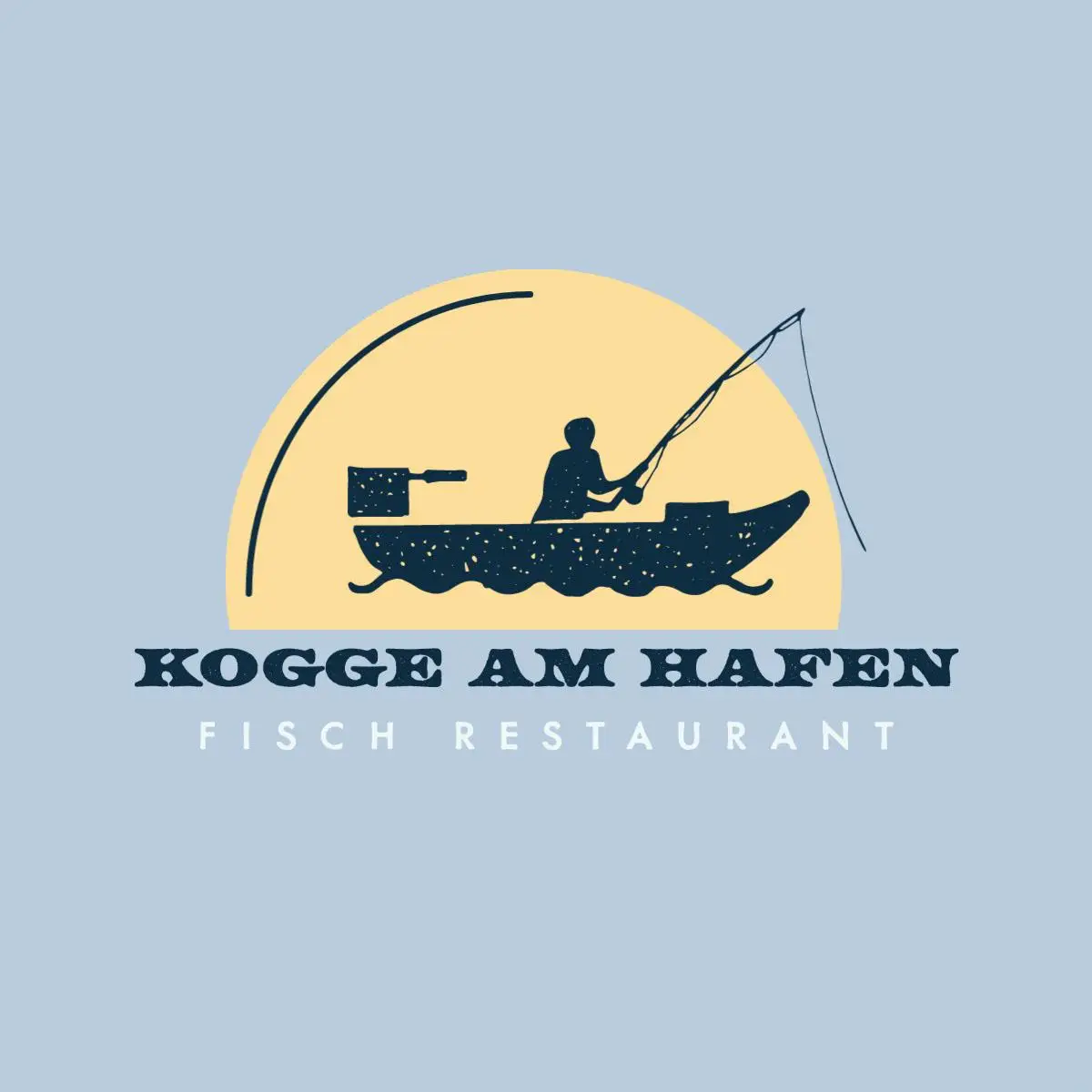 Blue and Yellow Illustrated Seafood Restaurant Logo with Man Fishing in Boat