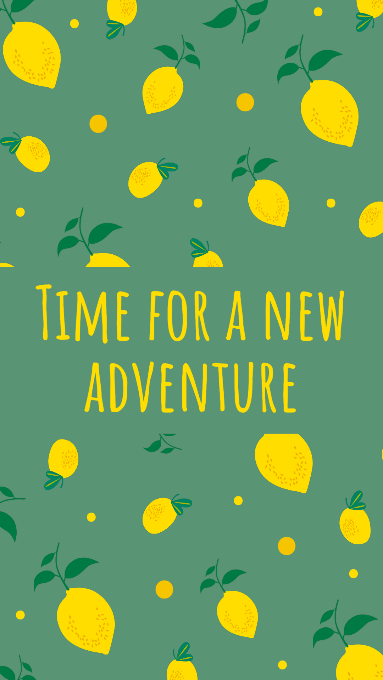 "Time for a new adventure" with icons of lemons against a sage green background