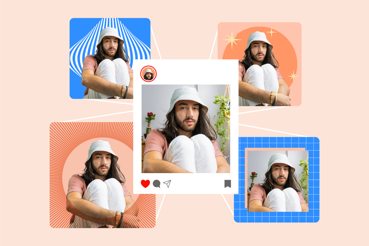 Instagram profile picture of a person with long hair and a beard in a white bucket hat edited onto different backgrounds