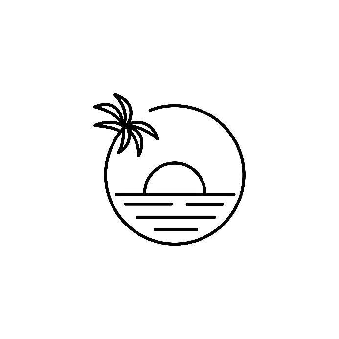 Schwarzweißes Logo von einer Palme und dem Sonnenuntergang.  