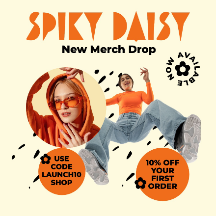 "Spiky Daisy – New Merch Drop" promotional post with images of people posing in various outfits and a promo code