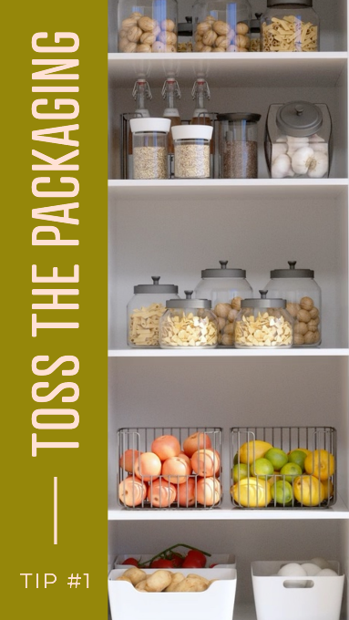 "Toss the Packaging" against a sage green background next to an image of reusable contains in a pantry