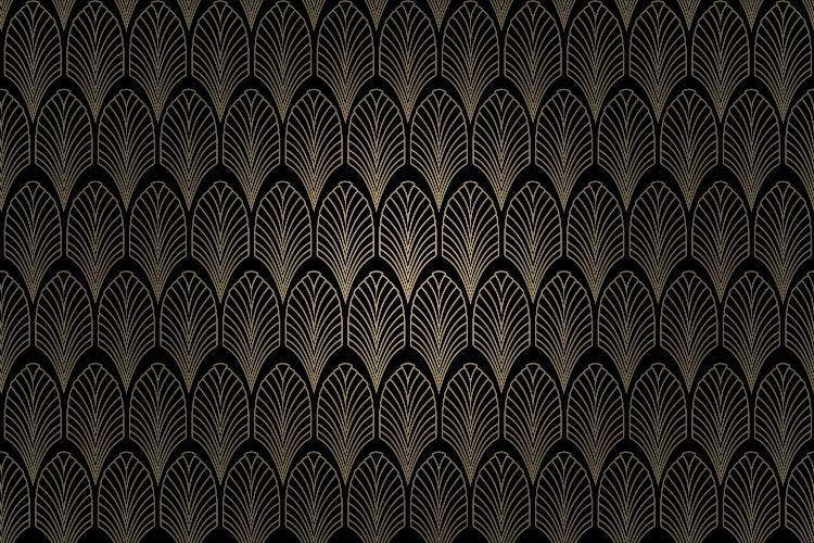 A black and gold art deco pattern Description automatically generated