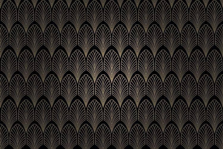 A black and gold art deco pattern Description automatically generated