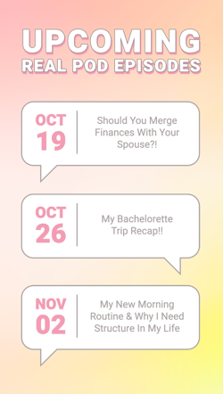 "Upcoming Real Pod Episodes" podcast promotion with dates and titles for 3 upcoming podcast episodes