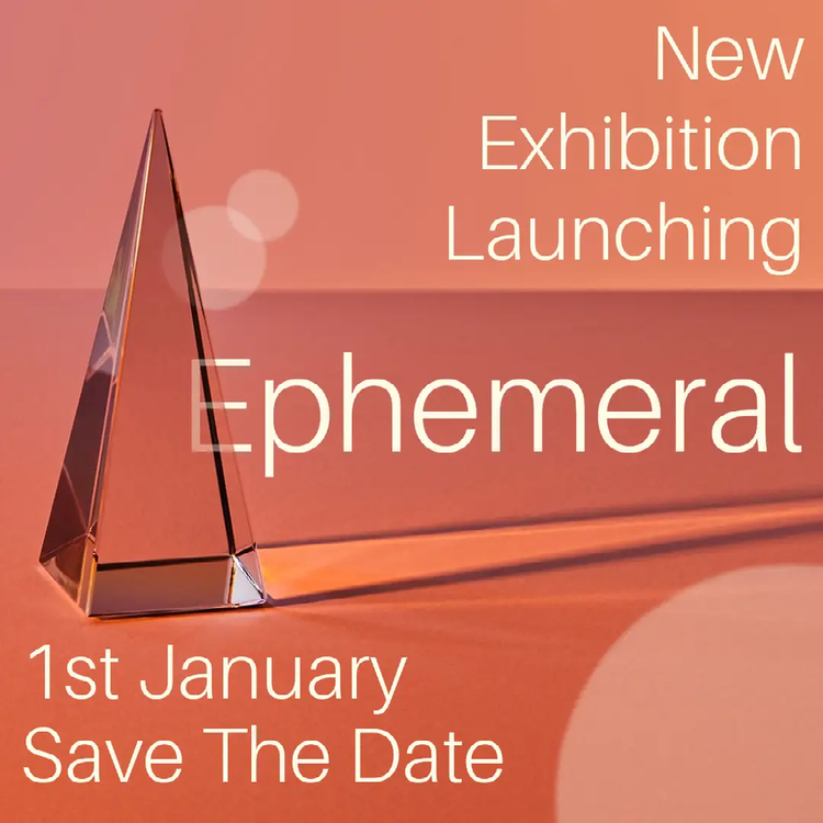 A Facebook social media marketing ad for a new Ephemeral Exhibition with relevant event information and a clear crystal against an orange background