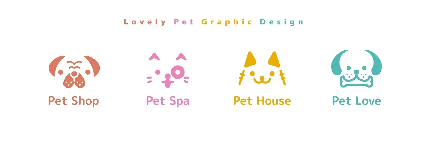 Vier einfache Logos von tierischen Karikaturen in verschiedenen Farben.  