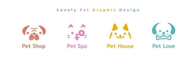 Vier einfache Logos von tierischen Karikaturen in verschiedenen Farben.