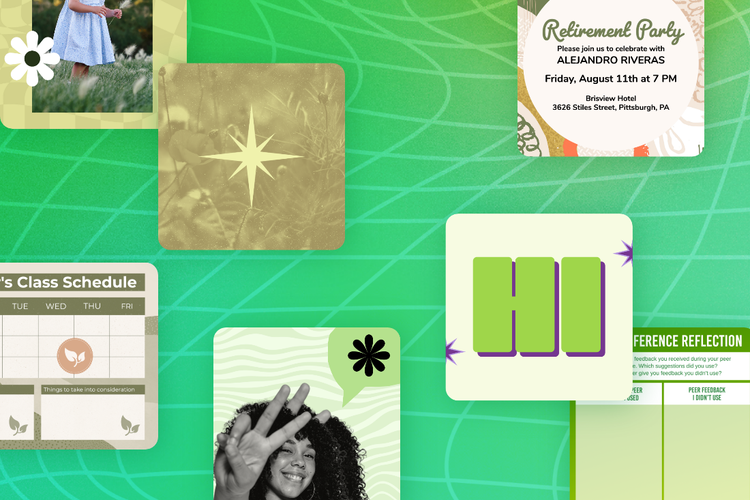 Various sage green graphics and creations scattered against a green background