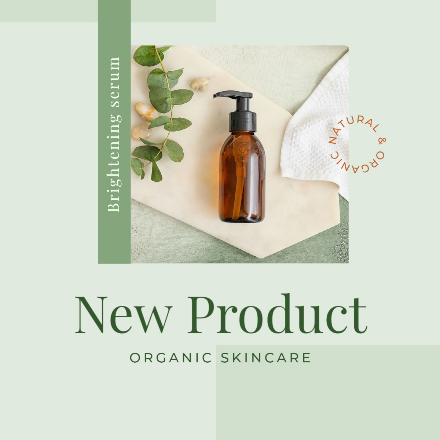 "New Product – Organic Skincare" product promotional post with an image of a small brown and black skincare bottle