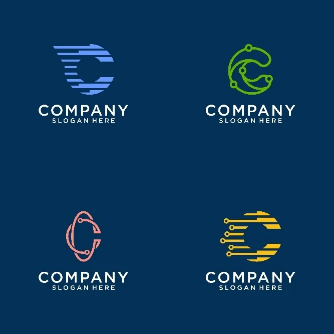 Vier moderne Logos mit serifenloser Schrift. 