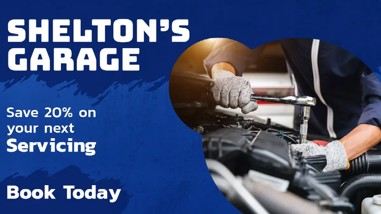 A Twitter social media marketing ad for Shelton's Garage advertising 20% off your next car servicing