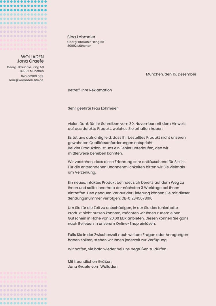 Pink with Dots Apology Letter to Customer