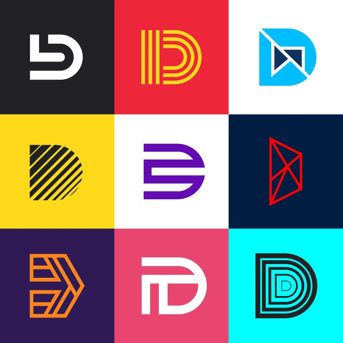 Neun Beispiele von minimalistischen Logos mit verschiedenen Designs und Farbschemen.  